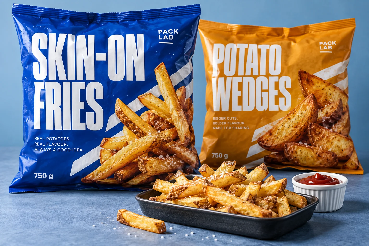 Cobalt blue fries bag and orange potato wedges bag with bold food packaging typography — Packaging design concept