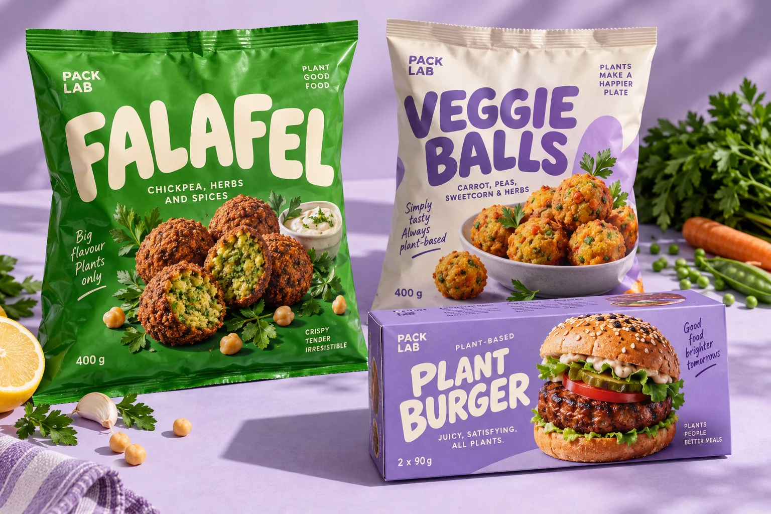 Green falafel bag, cream veggie ball bag and lilac plant burger carton concepts — Packaging design concept