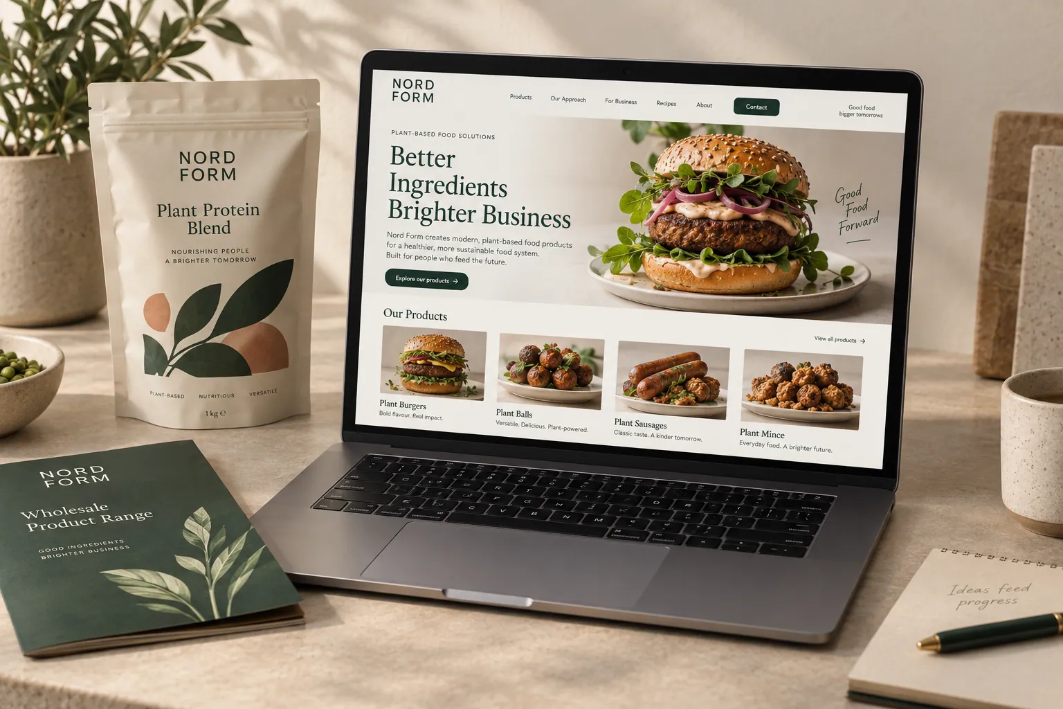 Food producer B2B website concept displayed on a laptop